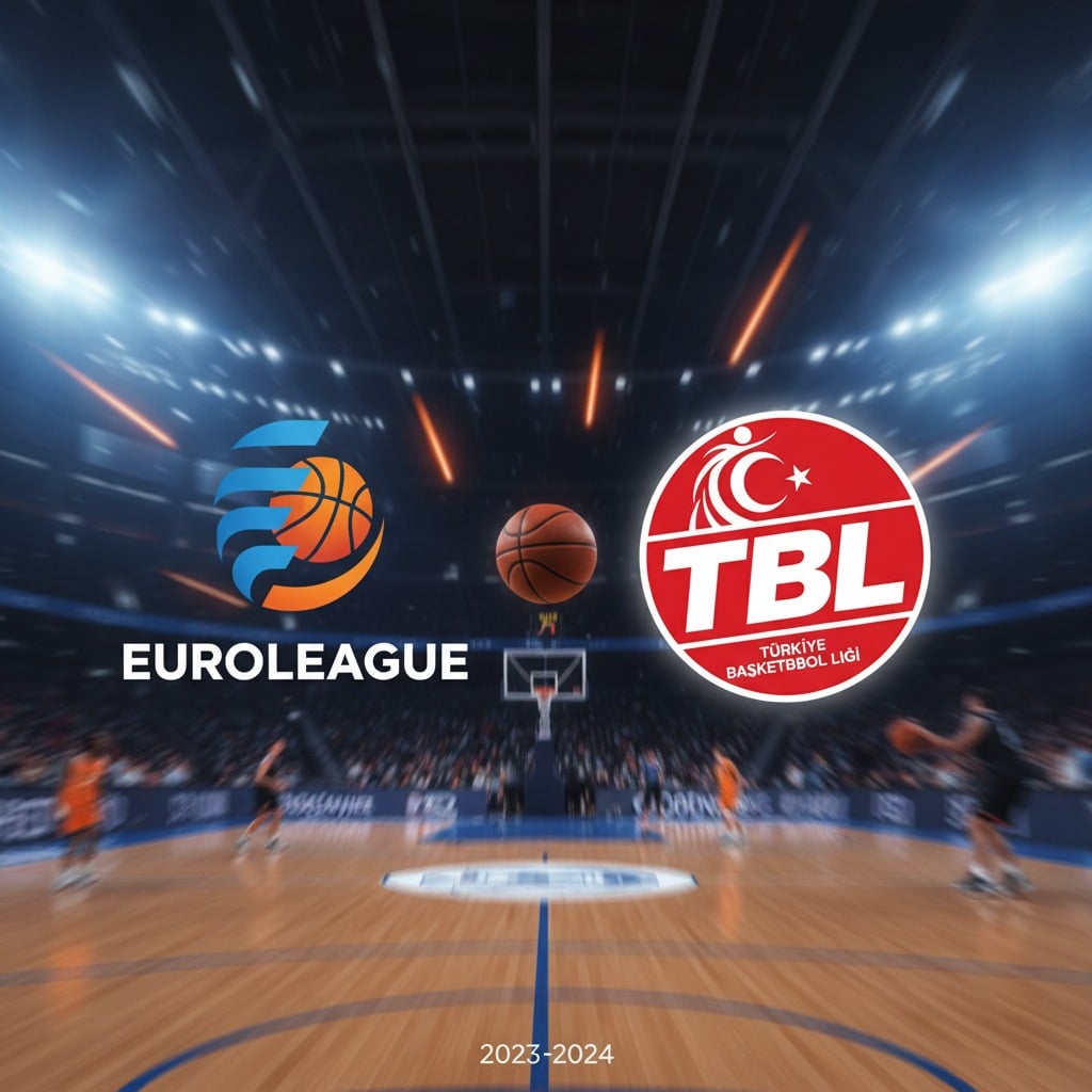 Arka planda aydınlatılmış bir basketbol sahası ve salonun üzerinde Euroleague ile Türkiye Basketbol Ligi logoları yer alıyor.